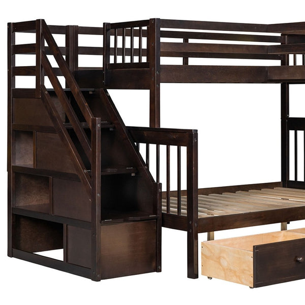 HomeRoots Espresso Twin Over Full Solid Wood Bunk Bed with Stairs, Storage, Safety Features & Style 606615