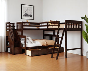 HomeRoots Espresso Twin Over Full Solid Wood Bunk Bed with Stairs, Storage, Safety Features & Style 606615
