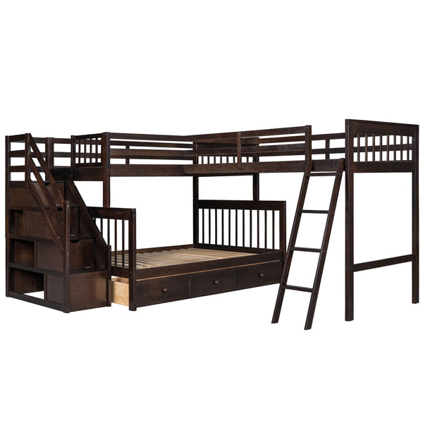 HomeRoots Espresso Twin Over Full Solid Wood Bunk Bed with Stairs, Storage, Safety Features & Style 606615