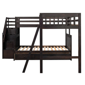 HomeRoots Espresso Twin Over Full Solid Wood Bunk Bed with Stairs, Storage, Safety Features & Style 606615