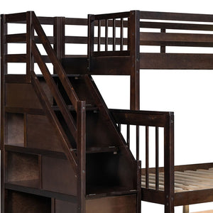HomeRoots Espresso Twin Over Full Solid Wood Bunk Bed with Stairs, Storage, Safety Features & Style 606615