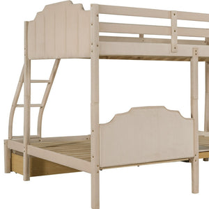 HomeRoots Beige Solid Wood Triple Bunk Bed with Velvet Upholstery, Storage Drawers & Safety Guardrails 606616