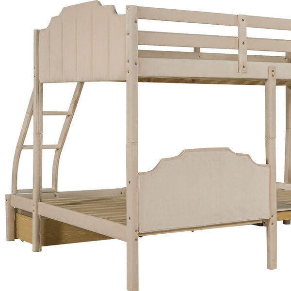 HomeRoots Beige Solid Wood Triple Bunk Bed with Velvet Upholstery, Storage Drawers & Safety Guardrails 606616