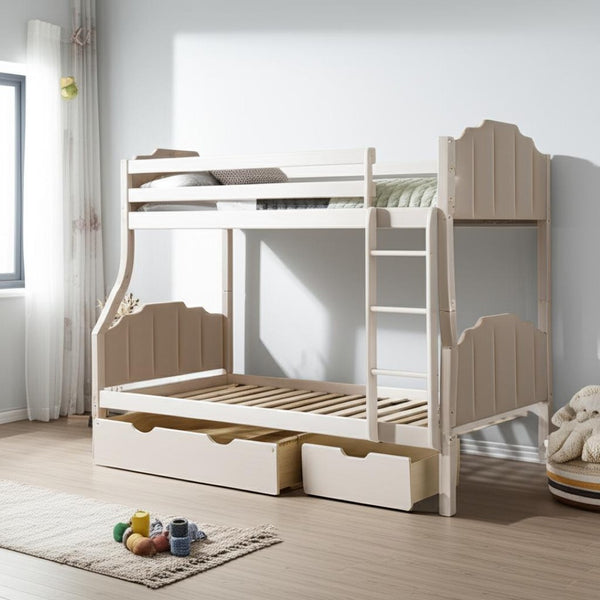 HomeRoots Beige Solid Wood Triple Bunk Bed with Velvet Upholstery, Storage Drawers & Safety Guardrails 606616
