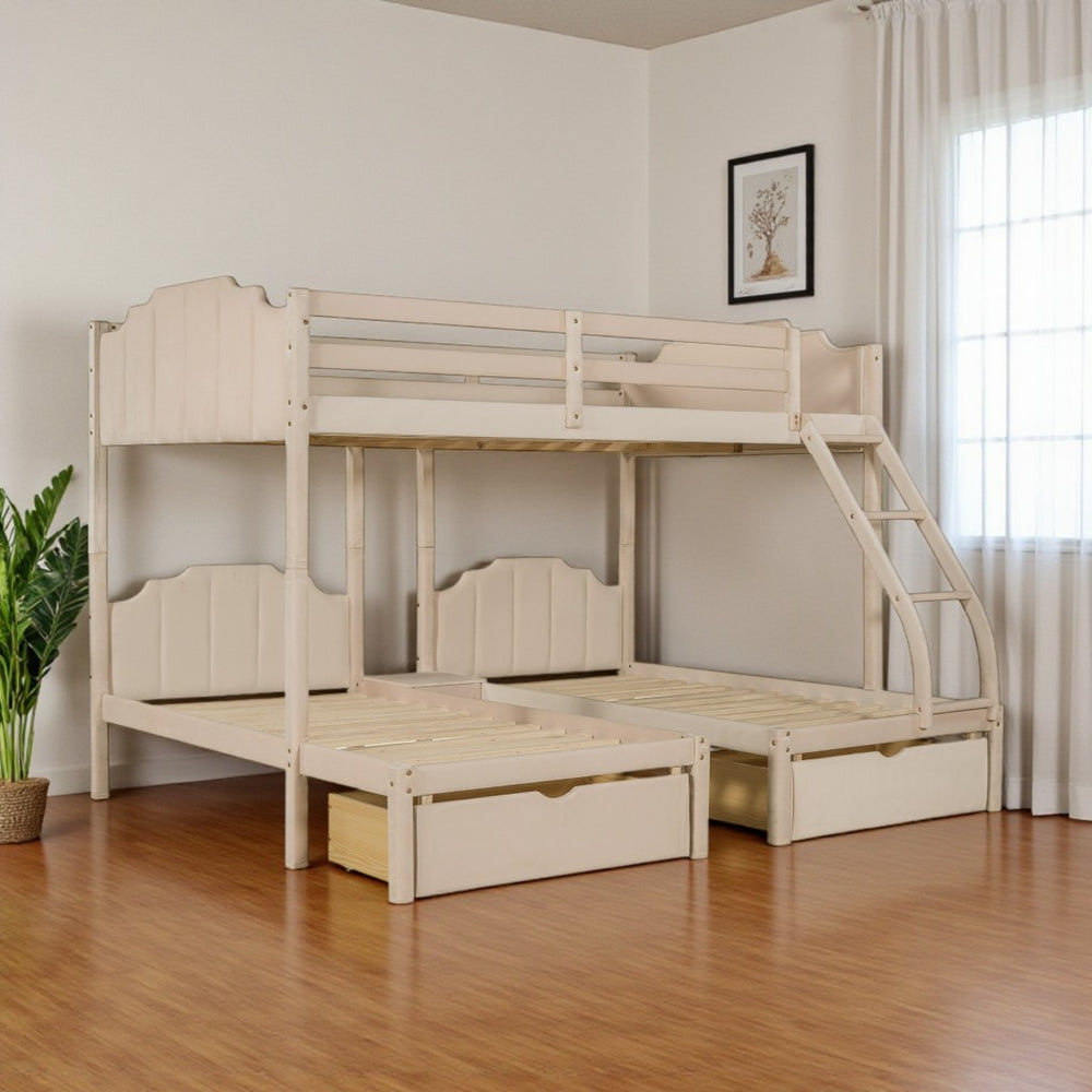 HomeRoots Beige Solid Wood Triple Bunk Bed with Velvet Upholstery, Storage Drawers & Safety Guardrails 606616