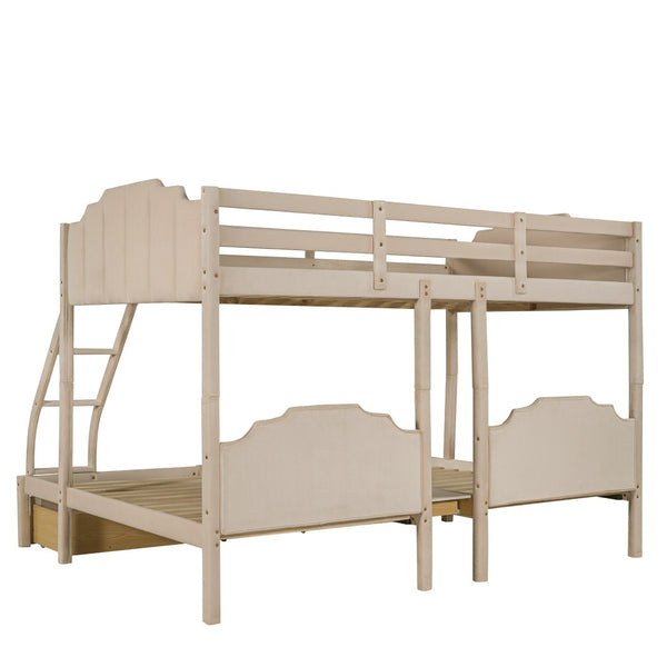 HomeRoots Beige Solid Wood Triple Bunk Bed with Velvet Upholstery, Storage Drawers & Safety Guardrails 606616