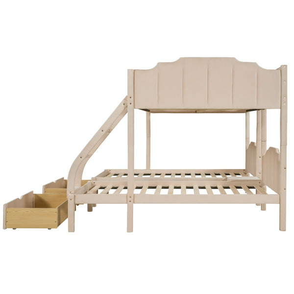 HomeRoots Beige Solid Wood Triple Bunk Bed with Velvet Upholstery, Storage Drawers & Safety Guardrails 606616