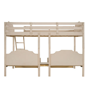 HomeRoots Beige Solid Wood Triple Bunk Bed with Velvet Upholstery, Storage Drawers & Safety Guardrails 606616