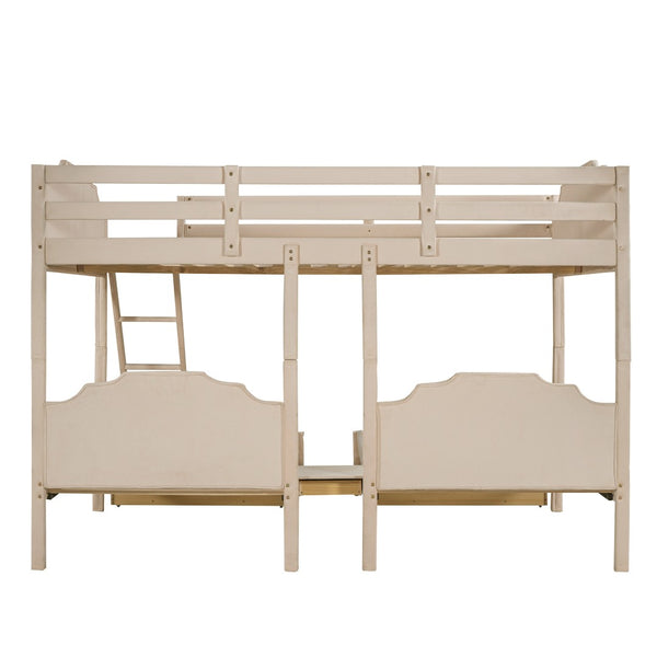 HomeRoots Beige Solid Wood Triple Bunk Bed with Velvet Upholstery, Storage Drawers & Safety Guardrails 606616