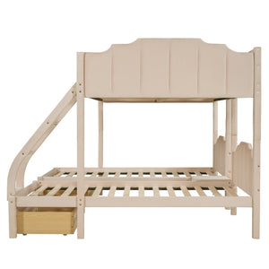 HomeRoots Beige Solid Wood Triple Bunk Bed with Velvet Upholstery, Storage Drawers & Safety Guardrails 606616