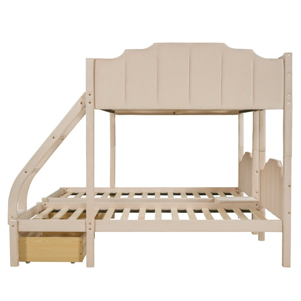 HomeRoots Beige Solid Wood Triple Bunk Bed with Velvet Upholstery, Storage Drawers & Safety Guardrails 606616