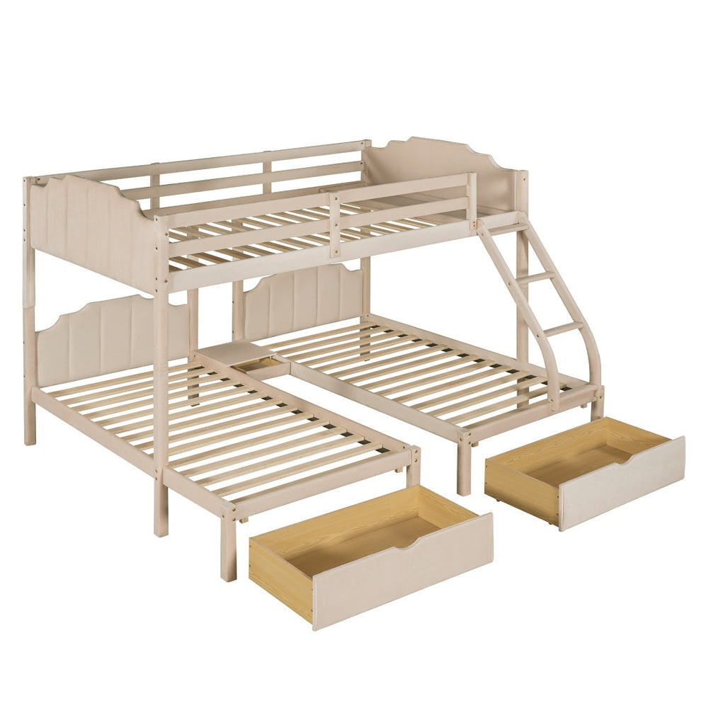 HomeRoots Beige Solid Wood Triple Bunk Bed with Velvet Upholstery, Storage Drawers & Safety Guardrails 606616