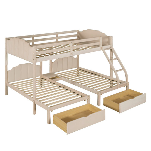 HomeRoots Beige Solid Wood Triple Bunk Bed with Velvet Upholstery, Storage Drawers & Safety Guardrails 606616