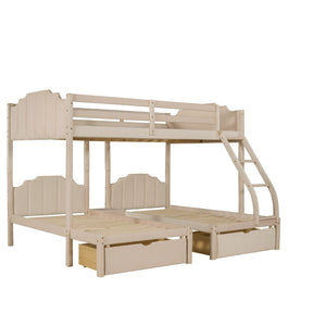 HomeRoots Beige Solid Wood Triple Bunk Bed with Velvet Upholstery, Storage Drawers & Safety Guardrails 606616