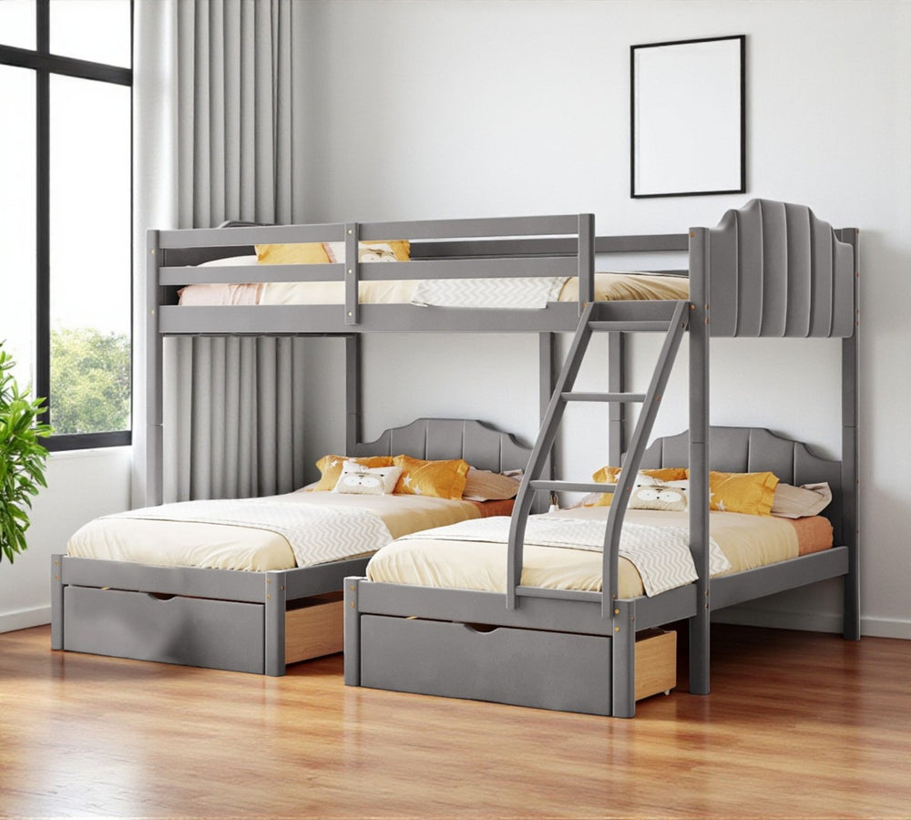 HomeRoots Gray Solid Wood Bunk Bed with Two Twin Beds, Drawers & Upholstered Accents for Smart Storage 606617