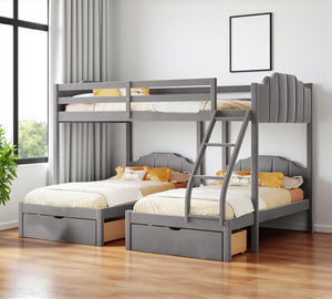 HomeRoots Gray Solid Wood Bunk Bed with Two Twin Beds, Drawers & Upholstered Accents for Smart Storage 606617