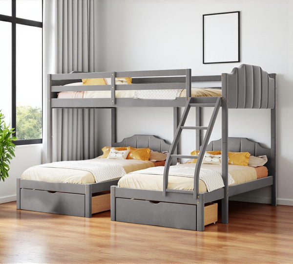 HomeRoots Gray Solid Wood Bunk Bed with Two Twin Beds, Drawers & Upholstered Accents for Smart Storage 606617