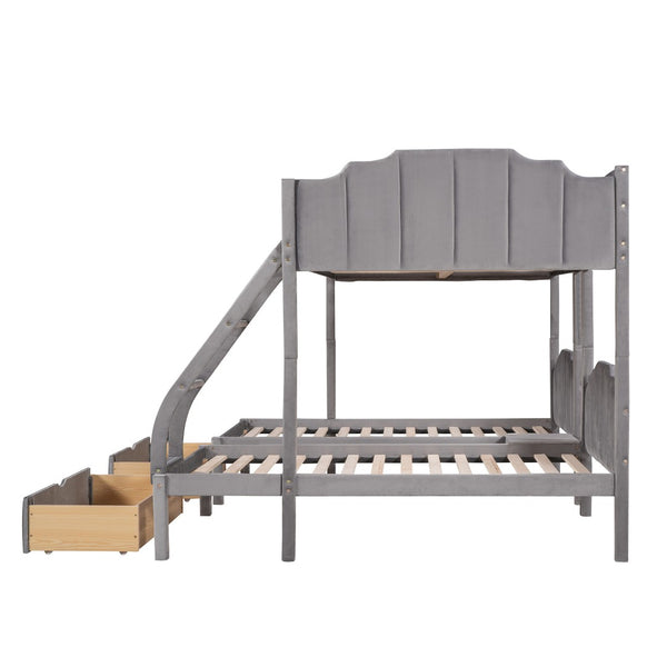 HomeRoots Gray Solid Wood Bunk Bed with Two Twin Beds, Drawers & Upholstered Accents for Smart Storage 606617