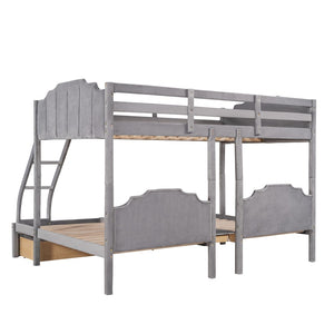 HomeRoots Gray Solid Wood Bunk Bed with Two Twin Beds, Drawers & Upholstered Accents for Smart Storage 606617