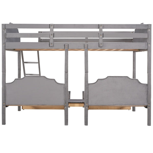 HomeRoots Gray Solid Wood Bunk Bed with Two Twin Beds, Drawers & Upholstered Accents for Smart Storage 606617