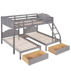 HomeRoots Gray Solid Wood Bunk Bed with Two Twin Beds, Drawers & Upholstered Accents for Smart Storage 606617