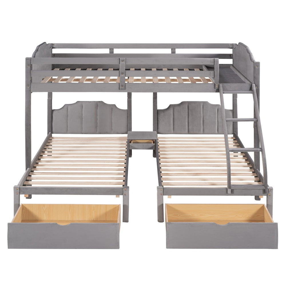 HomeRoots Gray Solid Wood Bunk Bed with Two Twin Beds, Drawers & Upholstered Accents for Smart Storage 606617