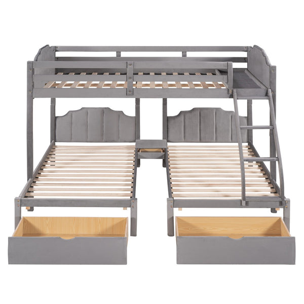 HomeRoots Gray Solid Wood Bunk Bed with Two Twin Beds, Drawers & Upholstered Accents for Smart Storage 606617