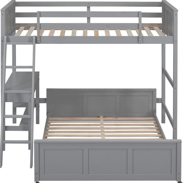HomeRoots Gray Twin Over Full Bunk Bed with Desk, Drawers, and Storage - Maximize Space and Style! 606618