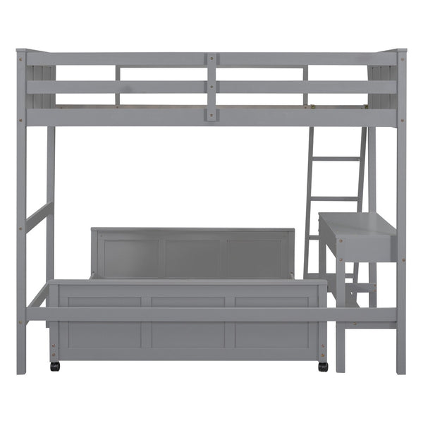 HomeRoots Gray Twin Over Full Bunk Bed with Desk, Drawers, and Storage - Maximize Space and Style! 606618