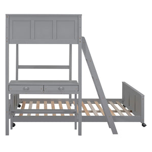 HomeRoots Gray Twin Over Full Bunk Bed with Desk, Drawers, and Storage - Maximize Space and Style! 606618