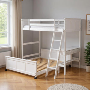 HomeRoots White Twin Over Full Bunk Bed with Desk, Drawers & Storage - Space-Saving Solution for Kids' Rooms 606619
