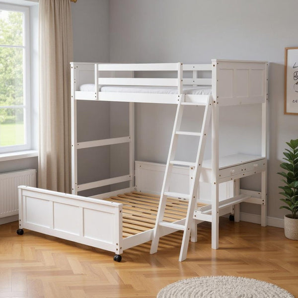 HomeRoots White Twin Over Full Bunk Bed with Desk, Drawers & Storage - Space-Saving Solution for Kids' Rooms 606619