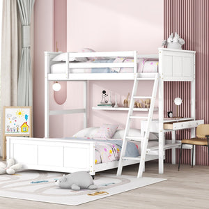 HomeRoots White Twin Over Full Bunk Bed with Desk, Drawers & Storage - Space-Saving Solution for Kids' Rooms 606619