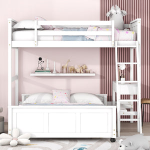 HomeRoots White Twin Over Full Bunk Bed with Desk, Drawers & Storage - Space-Saving Solution for Kids' Rooms 606619
