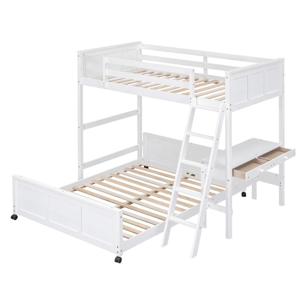 HomeRoots White Twin Over Full Bunk Bed with Desk, Drawers & Storage - Space-Saving Solution for Kids' Rooms 606619