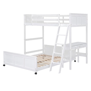 HomeRoots White Twin Over Full Bunk Bed with Desk, Drawers & Storage - Space-Saving Solution for Kids' Rooms 606619