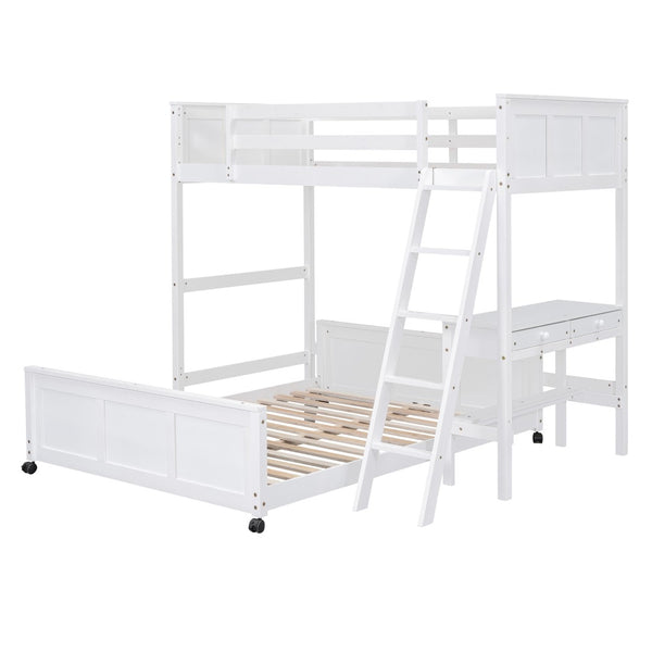 HomeRoots White Twin Over Full Bunk Bed with Desk, Drawers & Storage - Space-Saving Solution for Kids' Rooms 606619