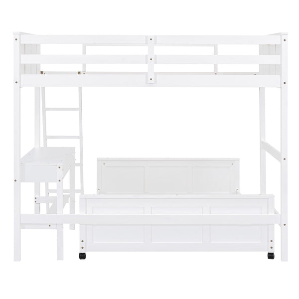 HomeRoots White Twin Over Full Bunk Bed with Desk, Drawers & Storage - Space-Saving Solution for Kids' Rooms 606619