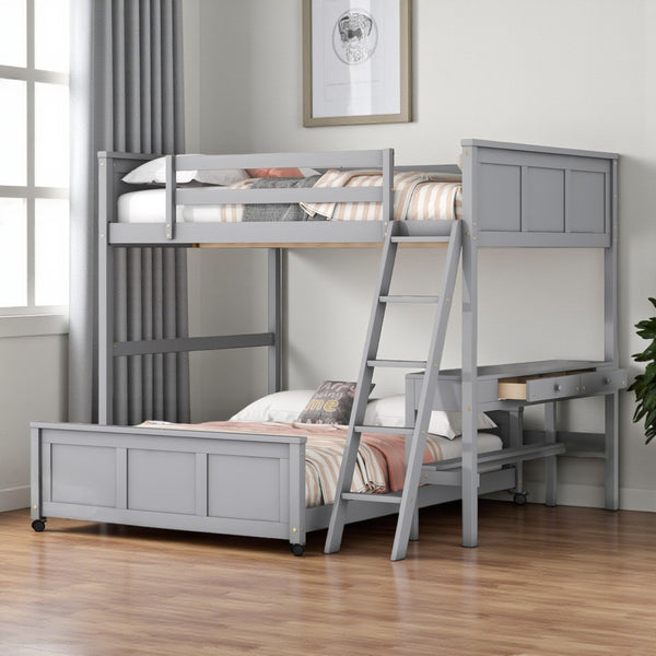 HomeRoots Gray Full-Over-Full Wood Bunk Bed with Integrated Desk, Storage & Stylish Transitional Design 606620