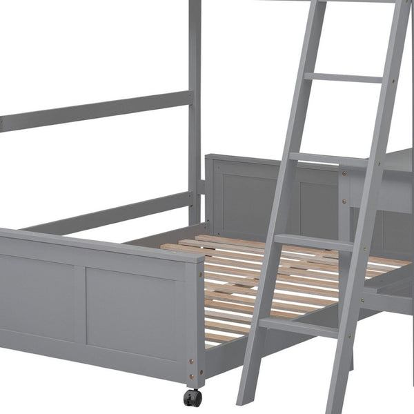 HomeRoots Gray Full-Over-Full Wood Bunk Bed with Integrated Desk, Storage & Stylish Transitional Design 606620