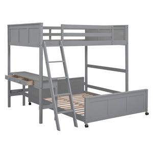 HomeRoots Gray Full-Over-Full Wood Bunk Bed with Integrated Desk, Storage & Stylish Transitional Design 606620