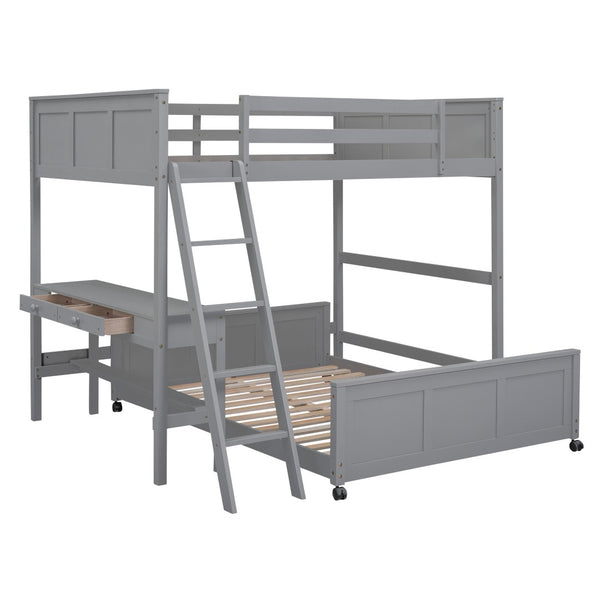 HomeRoots Gray Full-Over-Full Wood Bunk Bed with Integrated Desk, Storage & Stylish Transitional Design 606620