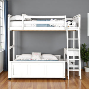 HomeRoots White Full Over Full Bunk Bed with Integrated Desk, Storage Drawers, and Safety Features for Kids 606621