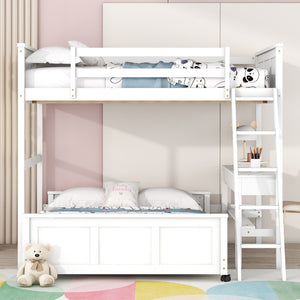 HomeRoots White Full Over Full Bunk Bed with Integrated Desk, Storage Drawers, and Safety Features for Kids 606621