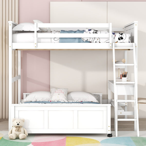 HomeRoots White Full Over Full Bunk Bed with Integrated Desk, Storage Drawers, and Safety Features for Kids 606621