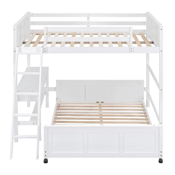 HomeRoots White Full Over Full Bunk Bed with Integrated Desk, Storage Drawers, and Safety Features for Kids 606621
