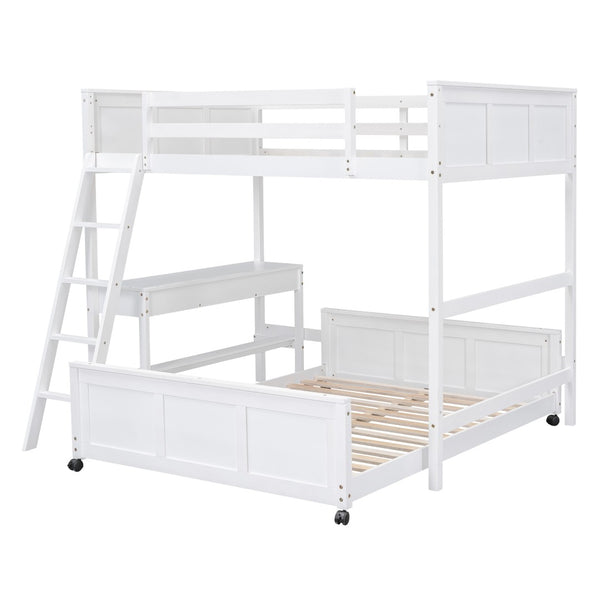 HomeRoots White Full Over Full Bunk Bed with Integrated Desk, Storage Drawers, and Safety Features for Kids 606621