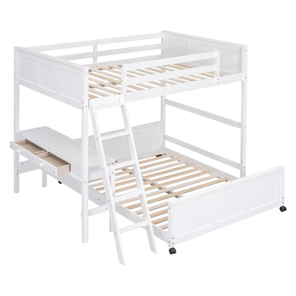 HomeRoots White Full Over Full Bunk Bed with Integrated Desk, Storage Drawers, and Safety Features for Kids 606621