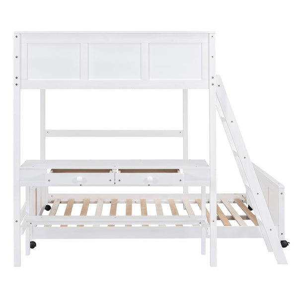 HomeRoots White Full Over Full Bunk Bed with Integrated Desk, Storage Drawers, and Safety Features for Kids 606621