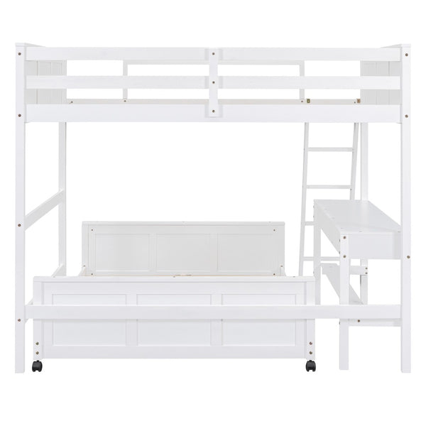 HomeRoots White Full Over Full Bunk Bed with Integrated Desk, Storage Drawers, and Safety Features for Kids 606621